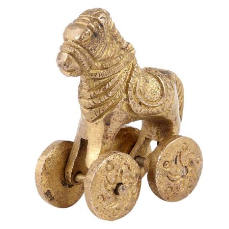 Handmade Golden Brass Hindu Temple Toy Horse Statue On Wheels