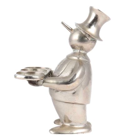 Handmade Silver Brass Fat Man Statue Wearing Hat Holding Long Tray
