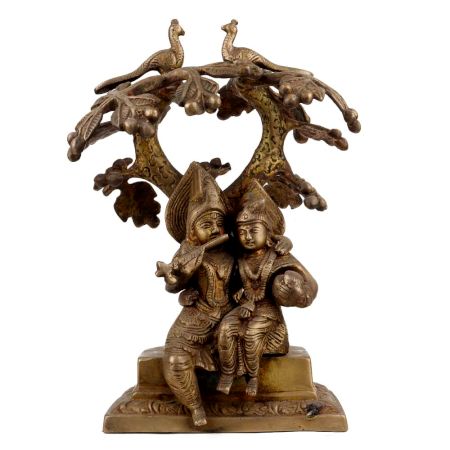 Handmade Brown Brass Radha Krishna Statue Under Kadam Tree