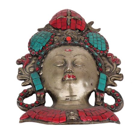Handmade Multicolored Brass Lord Shiva Wall Hanging Mask With Stonework