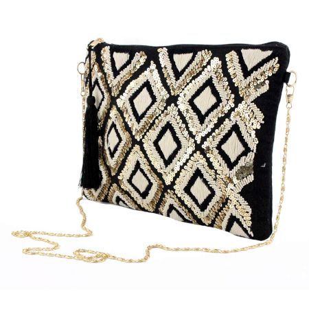Black And White Ziptop Jacquard Cotton Clutch bag With Tassle