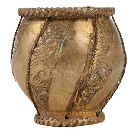 Brass Drum Shaped Flower Pot Engraved Striped Design And Patina Finish