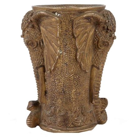 Handmade Brass Vase With Elephant Face Design And Brown Patina