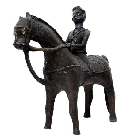 Brass Rider With Horse Figurine Statue In Patina Finish