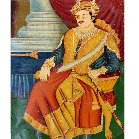 Indian Emperor Seated On Throne Miniature Canvas Painting