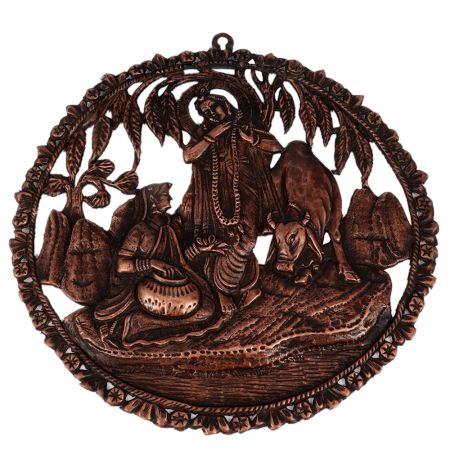 Round Copper Wall Hanging Of Radha Krishna With Cow