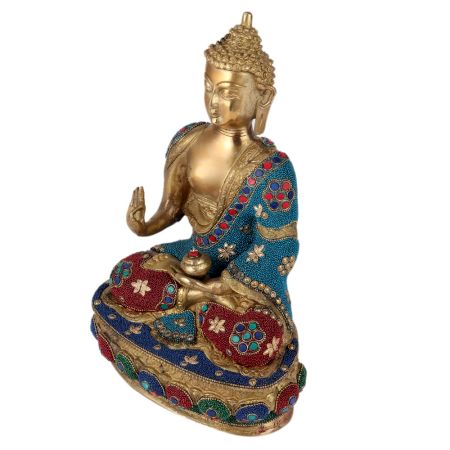 Brass Multicolored Gemstone Buddha Statue
