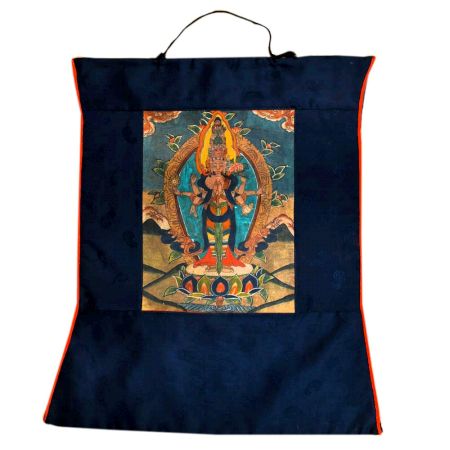 Navy Blue Thangka Painting  Of Eleven Headed Avalokiteshvara