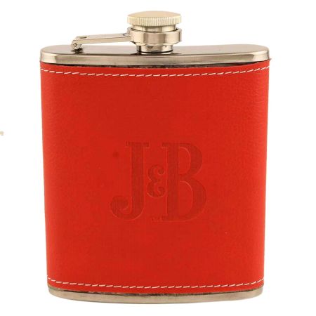 JB Red Hip Flask In Leather Cover