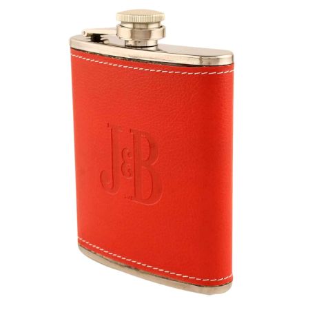 JB Red Hip Flask In Leather Cover