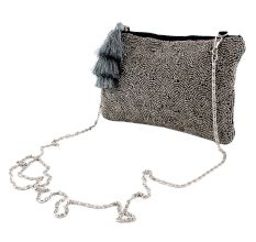 Grey Beaded Bag With Chain And Tassel For Women