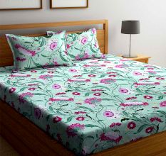 Green Floral Cotton 1 Double Queen Size Bedsheet With 2 Pillow Covers