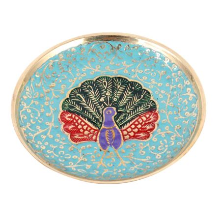 Blue Meenakari Brass Coaster With Peacock Design