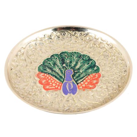 Twin Peacock Brass Meenakari Coaster With Silver Finish