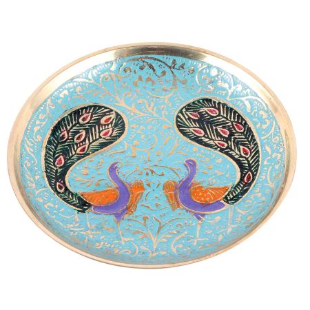 Blue Round Brass Meenakari Coaster And Twin Peacock Design