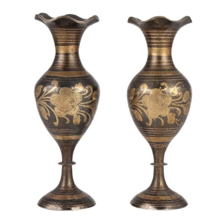 Black Etched Brass Etched Flower Design Vase In Pair