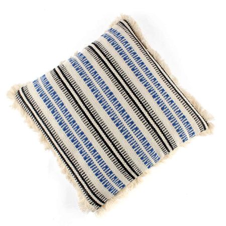 White Striped Woven Fringe Pillow Cover