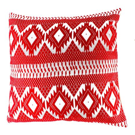 White and Red Embroidered Cotton Cushion Cover