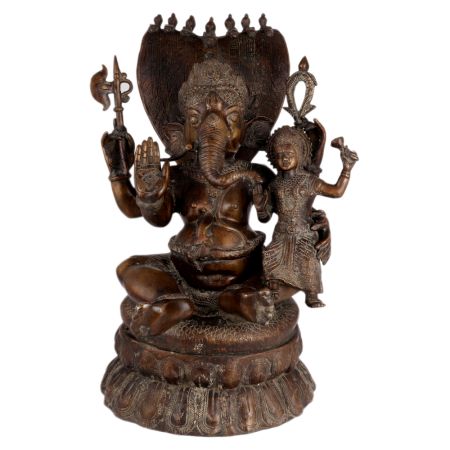 Brass Ganesha Statue With Sheshnag and Laxmi On His Lap