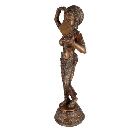 South Indian Brass Lady Looking Into Mirror Statue