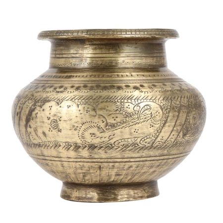 Vintage Used Holy Water Pot With Carved Peacock And Floral Work