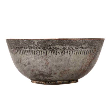 Old Brass Round Bowl With Carved Border On Rim