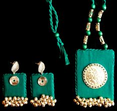 Green Combination With Metal And Gungroo Neckpiece With Earrings Set