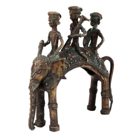 Three Tribal Riders On Elephant Dhokra Art