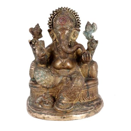 Brass Ganesha Statue With Moshak in Antique Finish