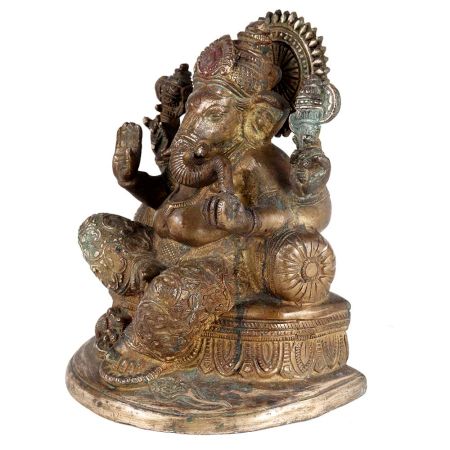 Brass Ganesha Statue With Moshak in Antique Finish