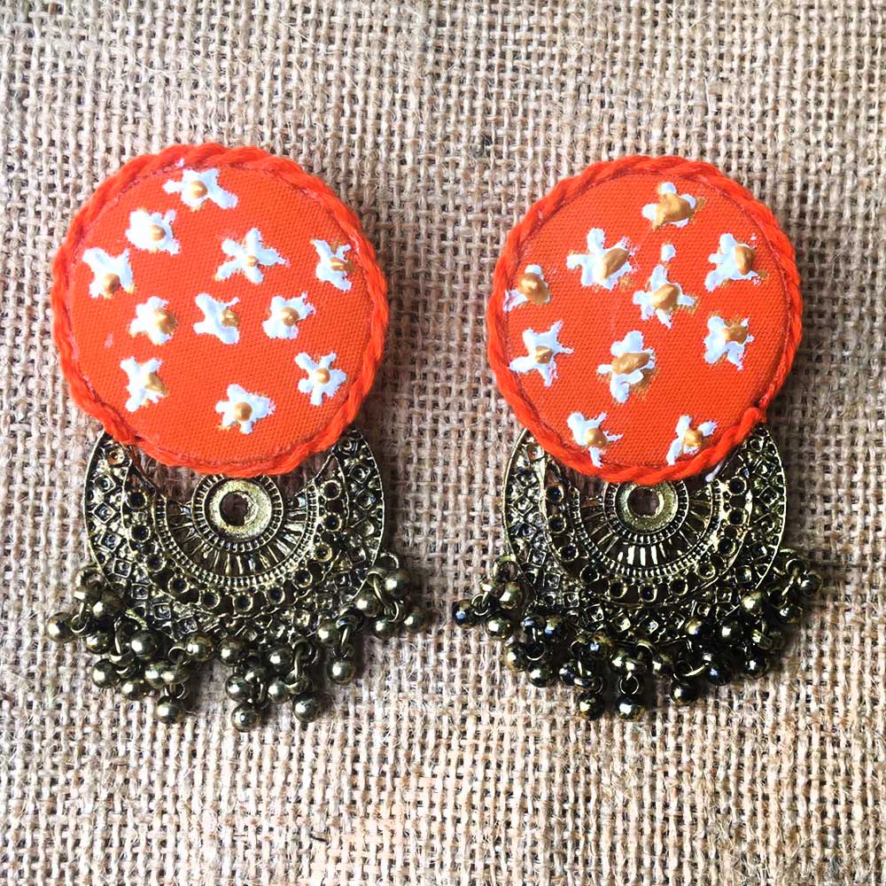 Orange Metalic Combination Neckpiece With Earrings Set