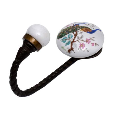 Peacock Scenery Flat Ceramic Metal Hook Antique Fitting