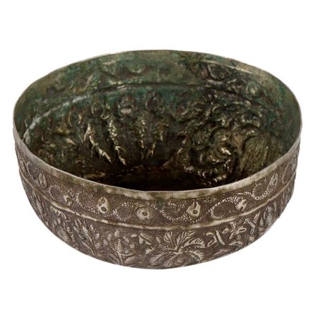 Metal Bowl With Carved Flower And Leaves Design