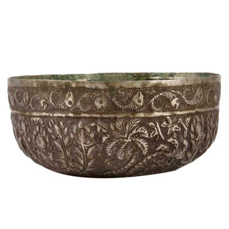 Metal Bowl With Carved Flower And Leaves Design