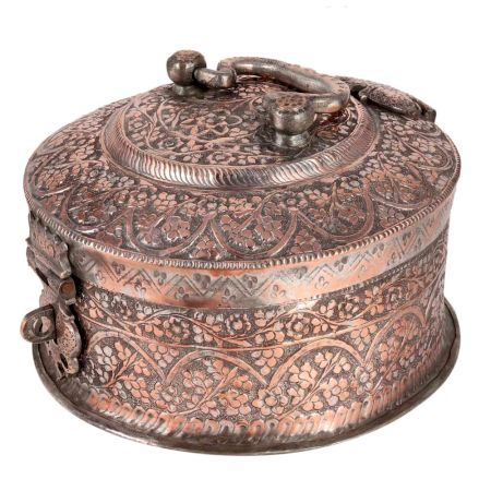 Mughal Round Copper Box with Lid from India