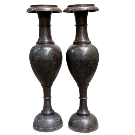 Old Brass Flower Versed With Badri Art In Pair