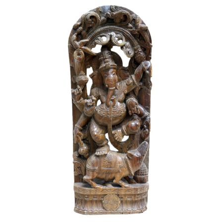 Wooden Prabhavali Ganesha On Mooshak Statue Showpiece