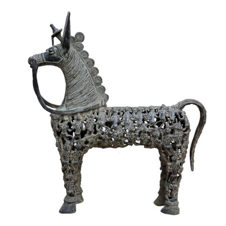 Brass Dhokra Horse Figurine With Gods Engravings