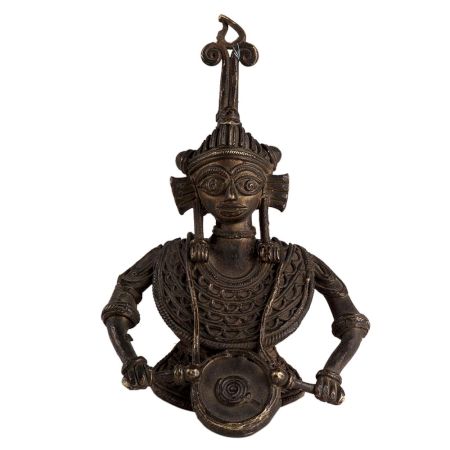 Brass Tribal Musician Figurine With Dholak