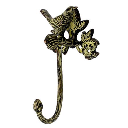 Single Brass Hook With Bird Perched On Branch White Detailing