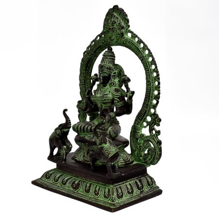 Handmade Black Brass Goddess Lakshmi Statue With Prabhavali Sitting On Sihashan