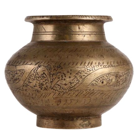 Old Brass Holy Water Pot With Carved Pattern