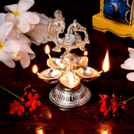 Brass Peacock Figurine Oil Lamp Diya With a silver Polish