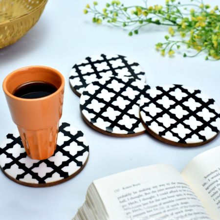 Black Moroccan Wood And Resin Coasters In Set Of 4