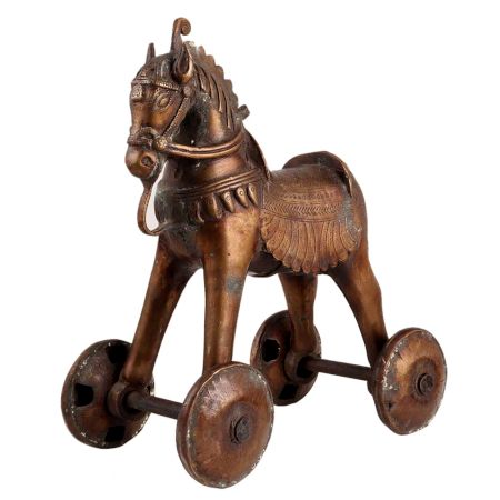 Traditional Brass Horse On Wheels Primitive Temple Toy
