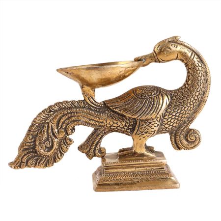 Deepak Oil Lamp Stand with Carved Peacock Figurine