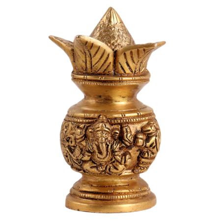 Brass Kalash Pot Engraved With Lakshmi Ganesh Motifs