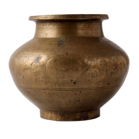 Hand Carved Floral Brass Pot In Antique Finish