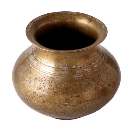Antique Brass Pot With Floral Hand Carvings