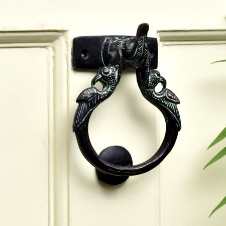 Black Brass Elephant with Two Peacocks Design Door Knocker